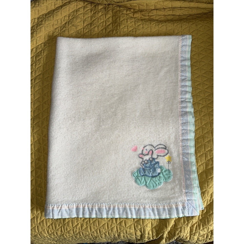 Vtg Acrylic Baby Nursery Crib Blanket Bunny Rabbit Cuddle Time USA 43x34"